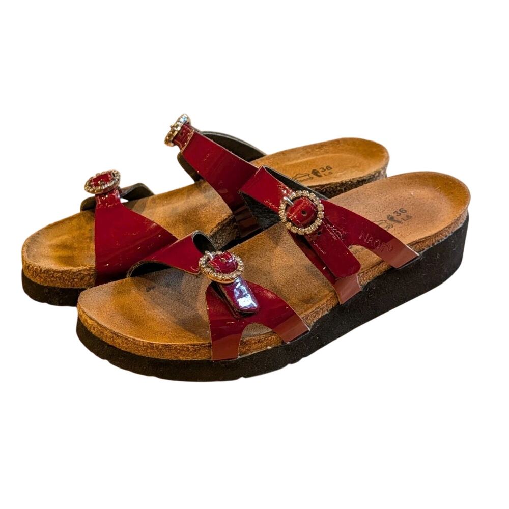 NAOT Red Patent Leather Rhinestone Buckle Slip On Sandals Women Size 36 US 5/5.5
